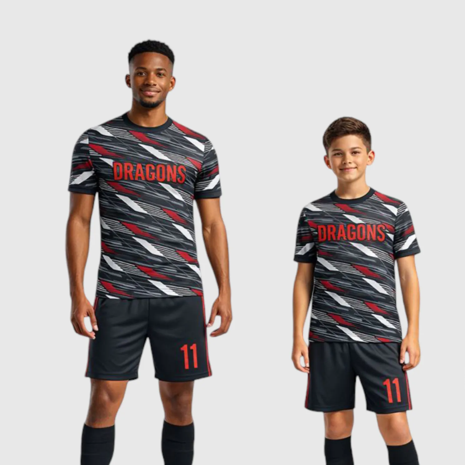 SB 1114 Black/Red/White Sublimation Custom Soccer Jersey Adult & Youth Unisex - Hipona Sports